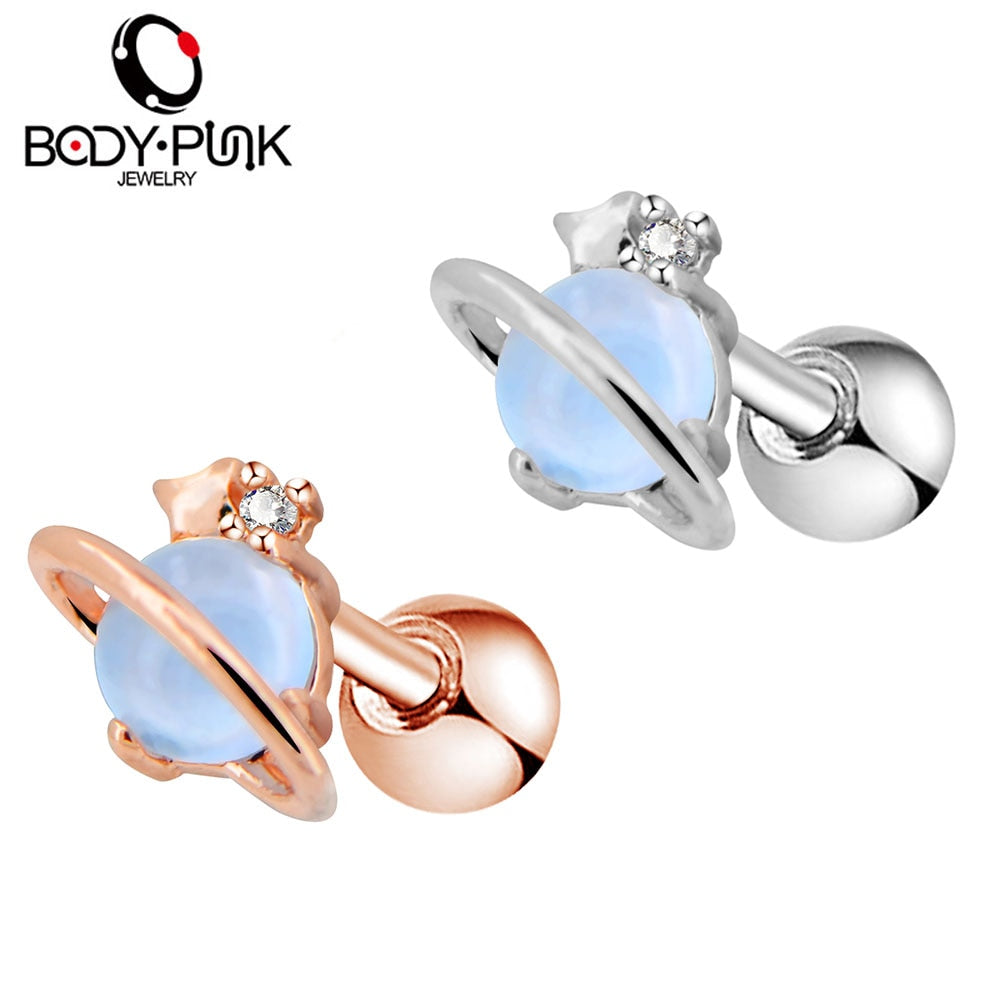 Body Punk Ear Cartilage Earrings Bar 16G Surgical Steel CZ Air Blue Opal Stone Saturn Helix Tragus Studs Earrings Piercing Women