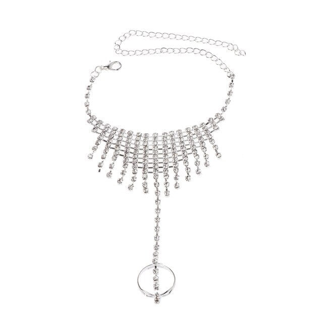 Beach Wedding Barefoot Sandal Foot Chain Crystal Anklet With Rhinestone Toe Ring