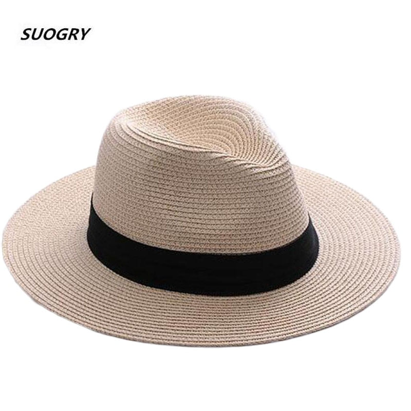 SUOGRY Brand Straw Hats For Women Panama Hat Beige White Mens Beach Casual Wide Brimmed Summer Hawaiian Fashion Sun Hat