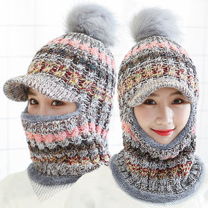 Female Warm Beanie Hat Riding Snow Caps Winter Women Knitted Hat Scarf Set Hairball Pom Pom Fashion Wool Thickening Hat Collars