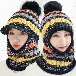 Female Warm Beanie Hat Riding Snow Caps Winter Women Knitted Hat Scarf Set Hairball Pom Pom Fashion Wool Thickening Hat Collars