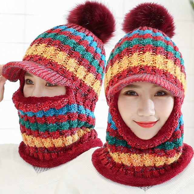 Female Warm Beanie Hat Riding Snow Caps Winter Women Knitted Hat Scarf Set Hairball Pom Pom Fashion Wool Thickening Hat Collars