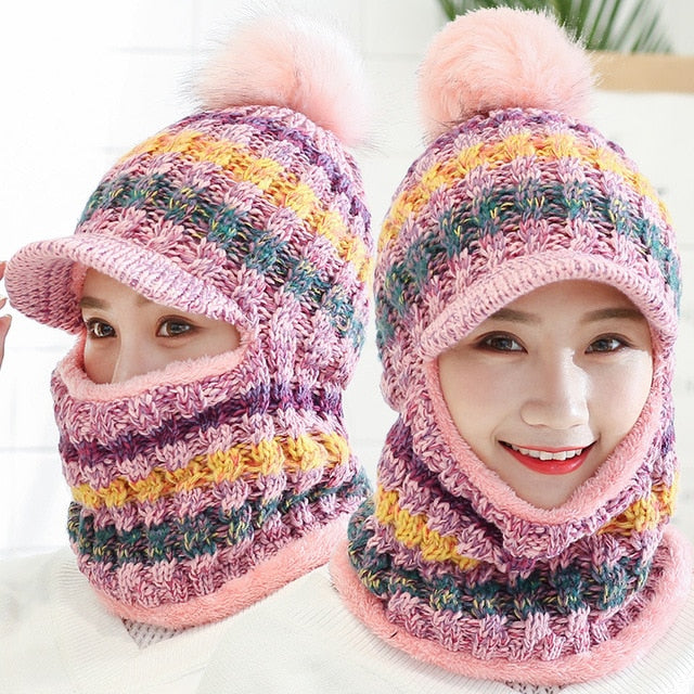 Female Warm Beanie Hat Riding Snow Caps Winter Women Knitted Hat Scarf Set Hairball Pom Pom Fashion Wool Thickening Hat Collars