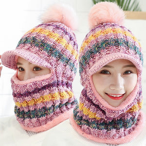 Female Warm Beanie Hat Riding Snow Caps Winter Women Knitted Hat Scarf Set Hairball Pom Pom Fashion Wool Thickening Hat Collars