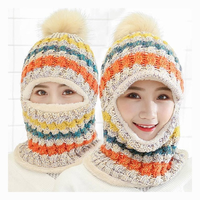 Female Warm Beanie Hat Riding Snow Caps Winter Women Knitted Hat Scarf Set Hairball Pom Pom Fashion Wool Thickening Hat Collars