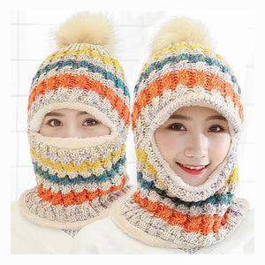 Female Warm Beanie Hat Riding Snow Caps Winter Women Knitted Hat Scarf Set Hairball Pom Pom Fashion Wool Thickening Hat Collars