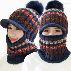 Female Warm Beanie Hat Riding Snow Caps Winter Women Knitted Hat Scarf Set Hairball Pom Pom Fashion Wool Thickening Hat Collars